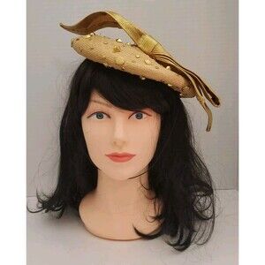 Vintage Adolfo II Gold Studded Round Bubble Top Straw Hat W/ Strap One Size